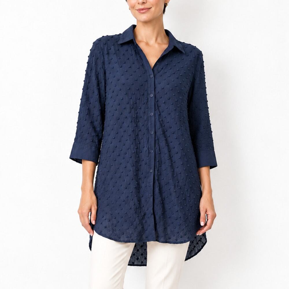 Pearl by Lela Rose Navy Swiss Dot Button Down Shirt Size 12